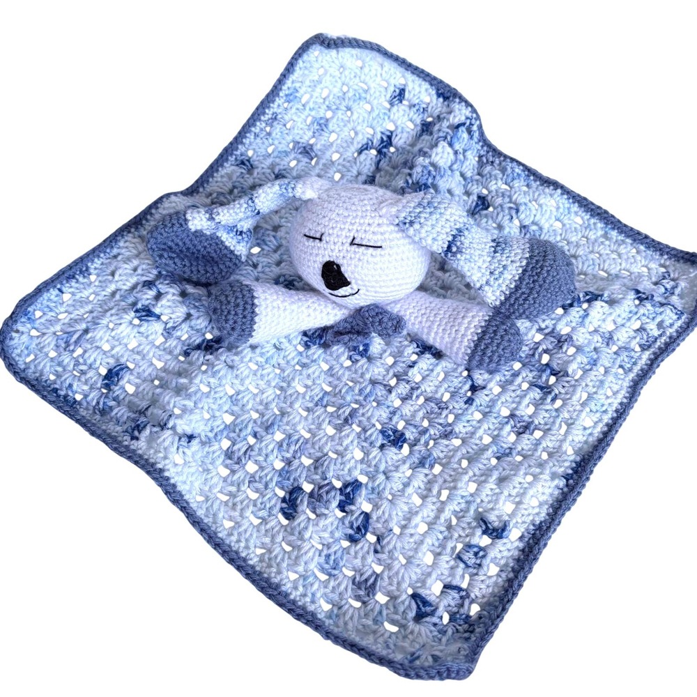 Handmade Crochet Bunny Lovey Baby Security Blanket Blue White Plush Comfort Toy